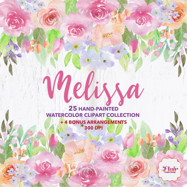 Melissa Floral Drop Watercolor Flowers Clipart, Peach Roses, Pink Roses, Floral Bouquet, Wedding Invitation, Roses Bouquet, Floral Clipart