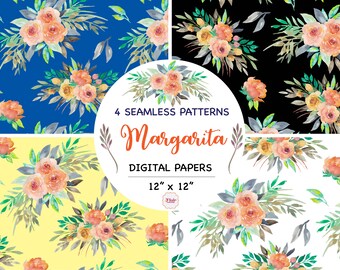 Margarita Watercolor Flowers, Seamless Pattern, Peach Roses Clipart, Floral Bouquet, Wedding Invitation, Roses Bouquet, Orange Flowers