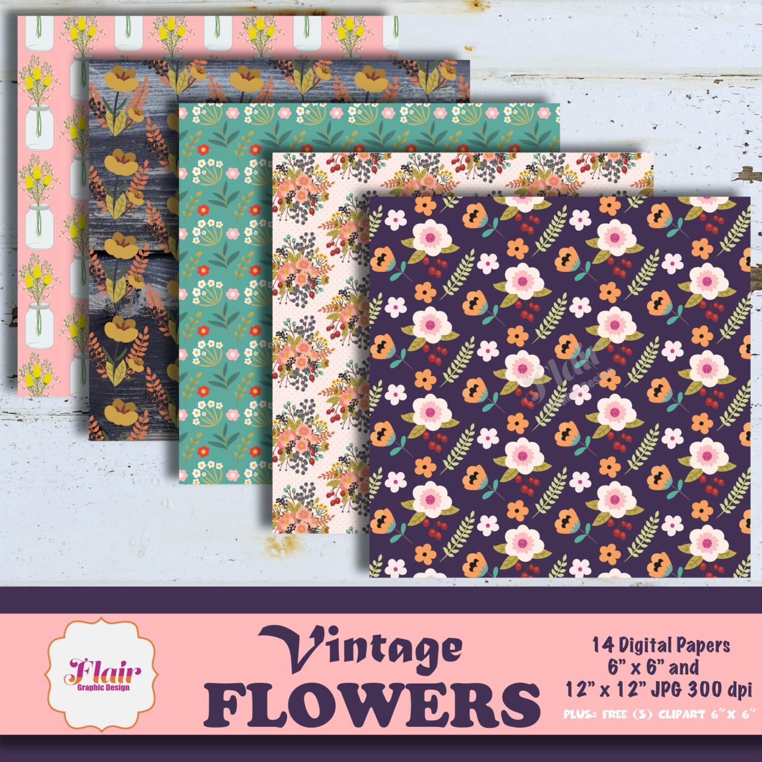 Vintage Flowers Digital Papers, Floral Pattern, Spring Flowers, Flower ...