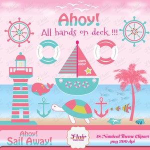 Ahoj! SAIL AWAY Nautical Pink GIRL Cyfrowe Cliparty, Plaża, Muszle, Żaglówka, Kotwica, Wieloryb, Latarnia morska, Koło, Zaproszenia na imprezę