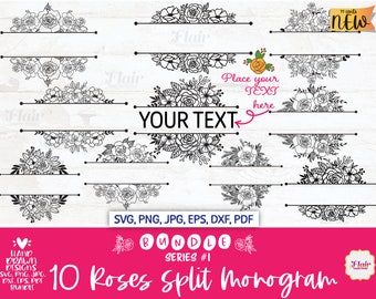 Rose divise monogrammi SVG, PNG, DXF Bundle serie 1, monogramma dell'insegnante in formato Svg, cornice floreale divisa in formato Svg, bordo floreale diviso, verde in formato Svg,