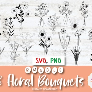 Blumenstrauß Bundle, SVG, PNG, Blumen, handgezeichnete botanische SVG, Wildblumen, Blätter, Pflanzen, Rosen, Blumendrucke, DiY, kommerzielle Nutzung