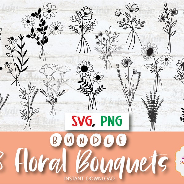 Floral Bouquet Bundle, SVG, PNG, Flowers, Hand Drawn Botanical SVG, Wildflowers, Leaves, Plants, Roses, Flower Prints, DiY, Commercial Use