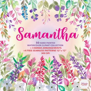 Samantha Fiori ad acquerello dipinti a mano, Salvia, Bouquet di fiori, Motivi floreali, Modelli senza cuciture, Invito a nozze, Fiori estivi