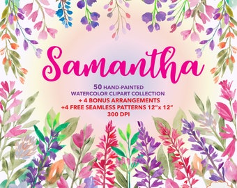 Samantha Hand Painted Watercolor Flowers, Salvia, Flower Bouquet, Floral Patterns, Seamless Patterns, Wedding Invitation, Summer Flowers