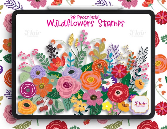 Wildflowers Procreate Stamps Digital Brush, Plants and Flowers Brush, Roses, Leaves, Nature, Botanical Plants Stamps, Fern, Green Leaves,DIY