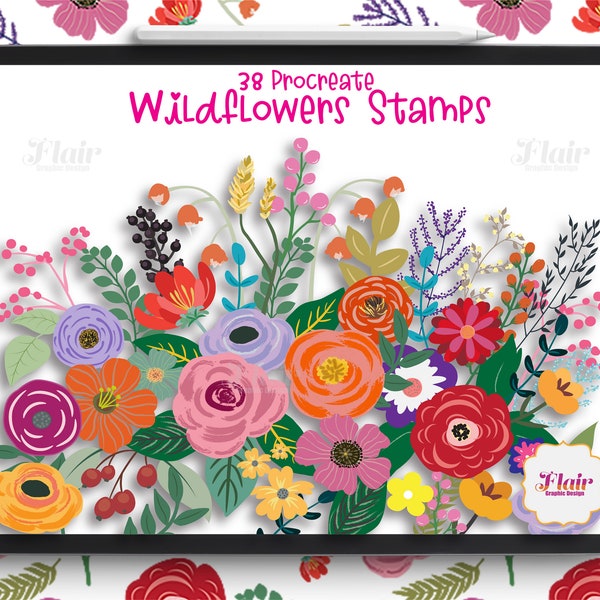 Wildflowers Procreate Stamps Digital Brush, Plants and Flowers Brush, Roses, Leaves, Nature, Botanical Plants Stamps, Fern, Green Leaves,DIY