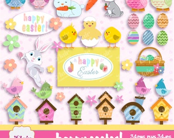 Könnte beinhalten: Ein Set mit 68 digitalen Clipart-Bildern zum Thema Ostern. Die Bilder beinhalten Hasen, Küken, Vögel, Eulen, Eier, Blumen, Vogelhäuser und einen Korb mit Eiern. Die Bilder sind im Cartoon-Stil gehalten und eignen sich perfekt zum Erstellen von Osterbastelarbeiten, Karten und Dekorationen.