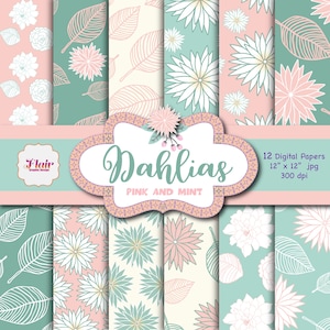 Dálias em papel digital rosa e verde menta, padrão floral, flores, papéis de primavera, cores pastel, convite de casamento, plantas, natureza