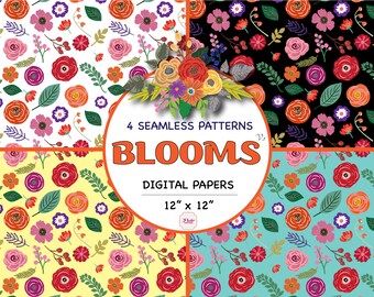 BLOOMS Seamless Patterns, Floral Patterns, Hand Drawn Spring Flowers, Wild Flowers, Antique Blooms, Invitation, Wedding, Trendy