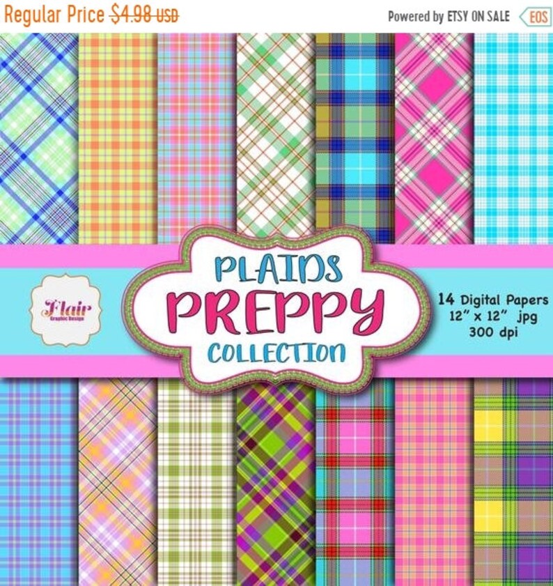 PREPPY PLAIDS Digital Paper Spring Colors Colorful Design - Etsy