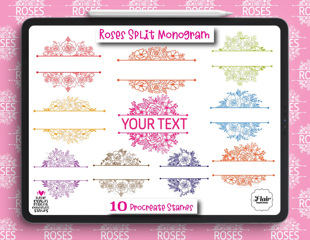 W/split Monogram Roses Roses Split Monogram Procreate Stamps, Wildflowers, Procreate Brushes ...