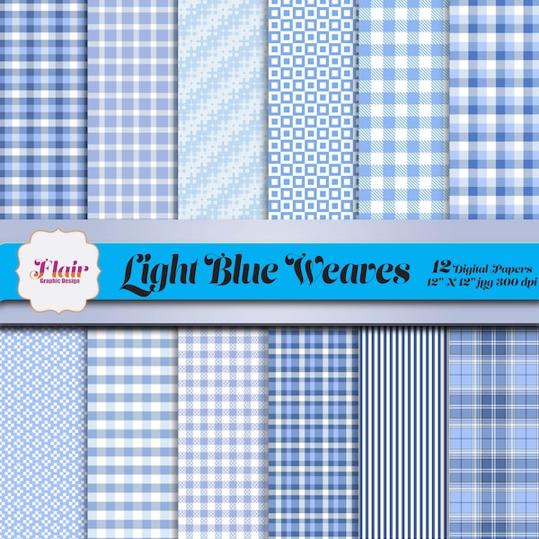 Light Blue Weaves Digital Paper, Gingham, Plaid, Stripes,  Blue Boys Papers, Pastels, Beach Blue, Sky Blue, Scrapbooking, Teachers Supplies