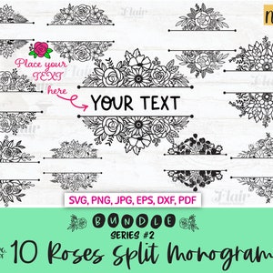 Rozen split monogrammen SVG, png, dxf bundel serie 2, split bloemen frame SVG, gesplitste bloemen rand, groen SVG, botanisch, lerarenlevering