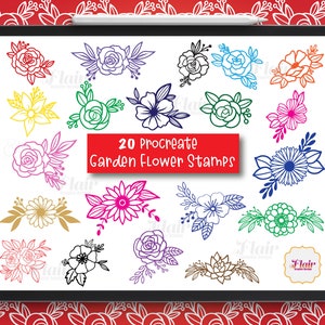 Garten Blumen Procreate Stempel, Pflanzen, Rosen, Gänseblümchen, Sukkulenten, Blumenpinsel, Doodle Blumen, Blätter, Procreate Brush, Bouquet