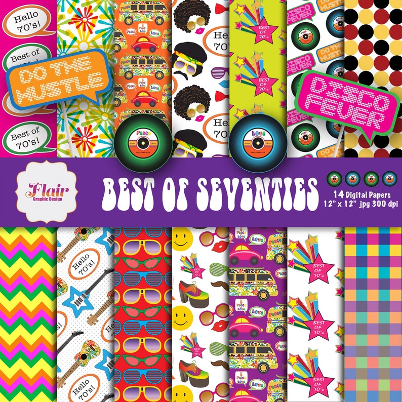 70's Digital Papers, Hippie Papers, 1970, Retro, Photo booth Props, Party Props, Disco Party Paper, Vinyl Records, Teacher's Supplies image 1