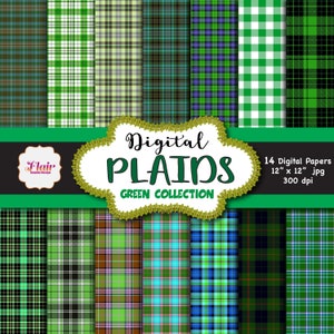 Könnte beinhalten: Ein digitales Papierpaket mit 14 grünen Karomustern. Jedes Muster ist 30,5 cm x 30,5 cm groß und hat 300 dpi. Der Text "Digital Plaids Green Collection" ist auf dem Bild zu sehen.