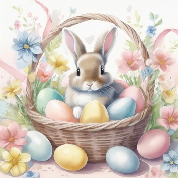 Cute Easter Bunnies in a Basket with Colorful Eggs Digital Clipart, 14 High Quality JPG, Spring Designs, Nursery Wall Art, T Shirts, Animals