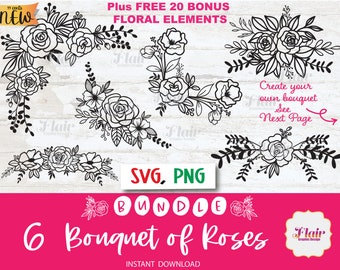 Rosenstrauß Bundle SVG, PNG digitale Clipart, Blumenarrangement SVG, Blumenrand, Greenery svg, Blumen, dekorativer Rand, Blätter svg