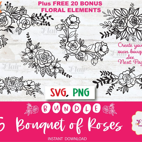 Bouquet of Roses Bundle SVG, PNG Digital Clipart, Floral Arrangement Svg, Floral Border, Greenery Svg, Flowers, Decorative Border,Leaves Svg