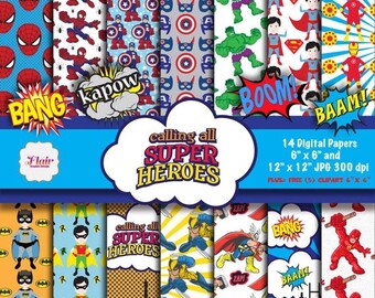 80% OFF SUPERHEROES Digital Papers,Superhero Birthday, Superhero Invitations, Superman, Batman and Robin, Iron Man, Hulk, Marvel Heroes