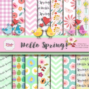Hello Spring デジタルペーパー、イースターペーパー、イースターエッグハント、鳥のクリップアート、イースターエッグ、印刷可能、デジタルスクラップブッキング