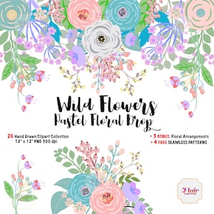 Coleção de clipart digital de flores silvestres em tons pastéis florais, padrões sem costura grátis, flores da primavera, flores em tons pastéis, casamento, buquês, rosas