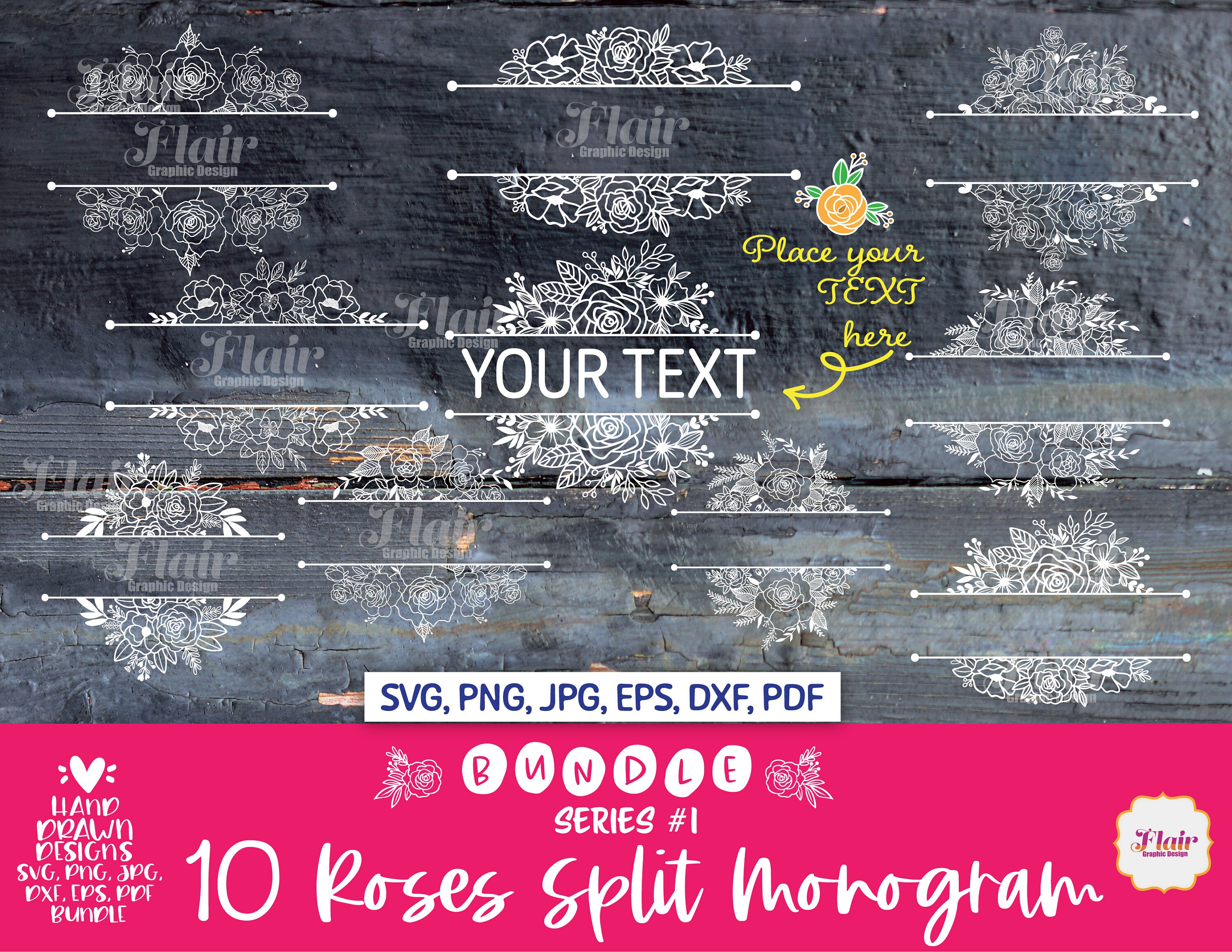 W/split Monogram Roses Roses Split Monograms SVG, PNG, DXF Bundle Series 1, Teacher's Monogram ...