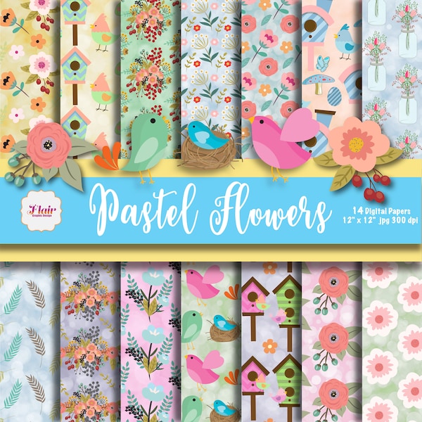 Pastel Flowers Digital Papers, Spring Flowers, Spring Blooms, Easter Papers, Floral Patterns, Garden Flowers, Cute Birds, Birdhouse