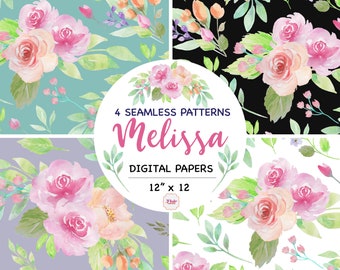 Melissa aquarel bloemen, naadloos patroon, perzikrozen, roze rozen, bloemenboeket, huwelijksuitnodiging, rozenboeket, DIY