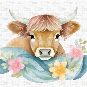 Vacas fofas das montanhas em aquarela clipart digital série 1, 14 JPGs de alta qualidade, arte de berçário de primavera, vaca bebê, caneca, cartão postal, bolsa, travesseiros