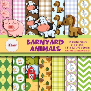 BARNYARD ANIMALS Digital Papers, Farm Animals Clipart, Cow, Pig, Horse, Duck, Sheep, Goose, Barnyard, Gingham, Plaid, Argyle