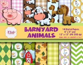 BARNYARD DIEREN Digitale Papers, Boerderijdieren Clipart, Koe, Varken, Paard, Eend, Schapen, Gans, Boerenerf, Gingham, Plaid, Argyle