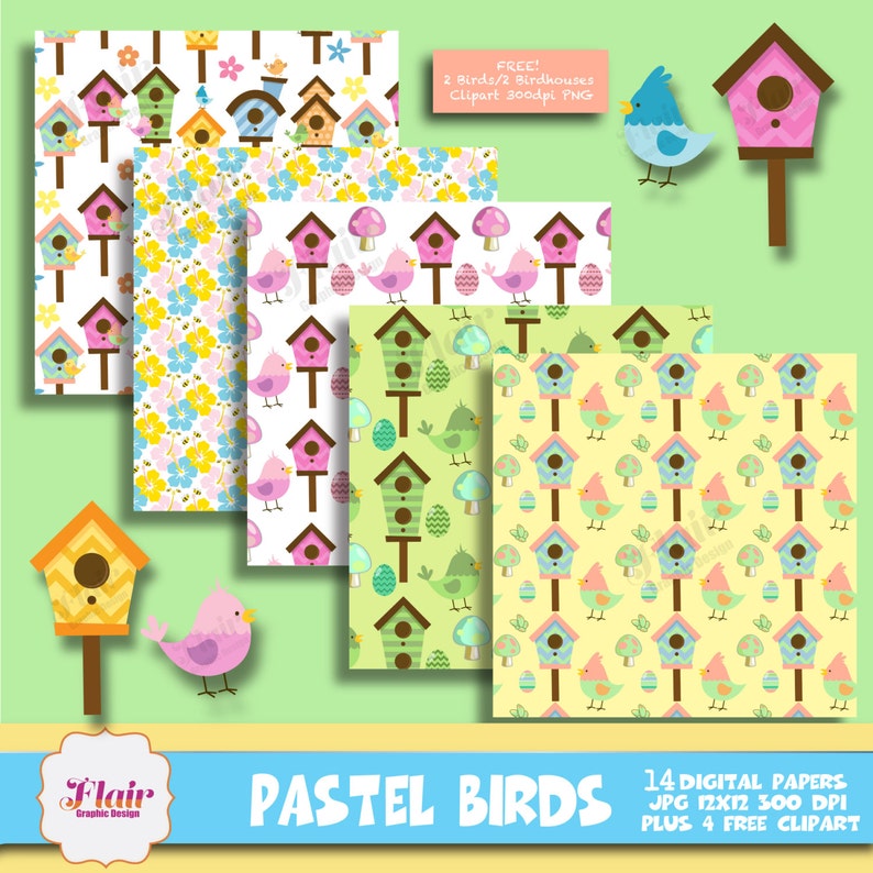 PASTEL BIRDS Clipart Bird Digital Papers Birds Clipart | Etsy