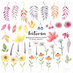Pu&ograve; includere: Un set di clipart ad acquerello con 38 illustrazioni a tema autunnale. Il set include foglie, fiori, bacche e rami in varie tonalit&agrave; di rosso, arancione, giallo, viola e blu. Il testo "Fatima Hand-painted Watercolor Clipart 38 Autumn Favorites" &egrave; incluso nell'immagine.