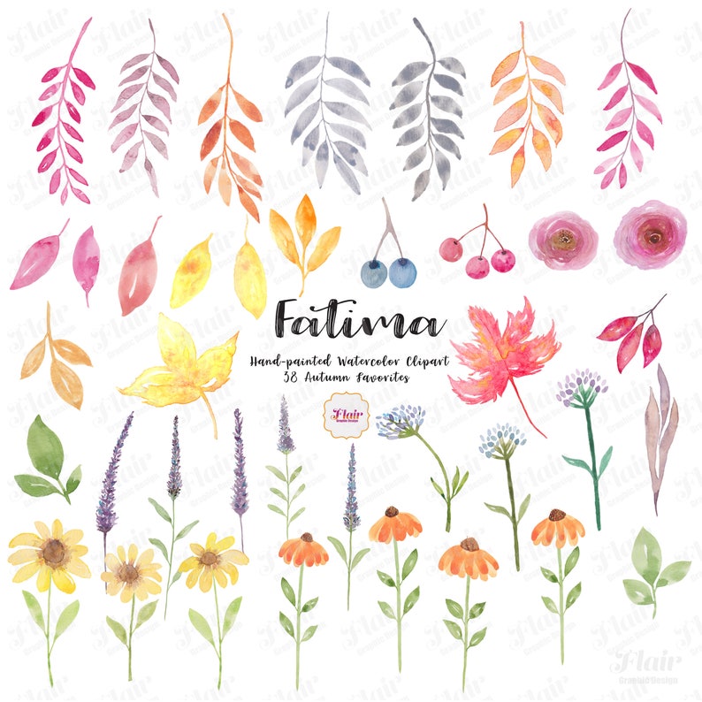 Pu&ograve; includere: Un set di clipart ad acquerello con 38 illustrazioni a tema autunnale. Il set include foglie, fiori, bacche e rami in varie tonalit&agrave; di rosso, arancione, giallo, viola e blu. Il testo "Fatima Hand-painted Watercolor Clipart 38 Autumn Favorites" &egrave; incluso nell'immagine.