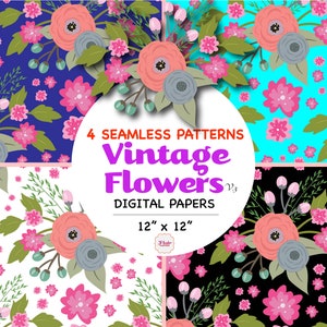 Fleurs vintage dessinées à la main Modèles sans couture V3, Motifs floraux, Bouquet de fleurs, Fleurs sauvages, Fleurs antiques, Invitation, Mariage, Tendance