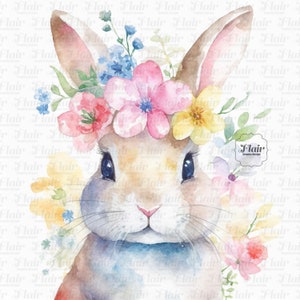 バラとかわいい花のウサギのクリップアート、印刷可能な水彩画のクリップアート、12 の高品質 JPG、保育園の壁アート、春のデザイン、枕カバー