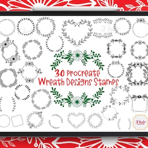 Wreath Designs Procreate Stempel, Blumenkranz, Reben, Herz, Lorbeeren, Hochzeitskranz, Rosen, Blätter, handgezeichnete Skizzen, Blumen