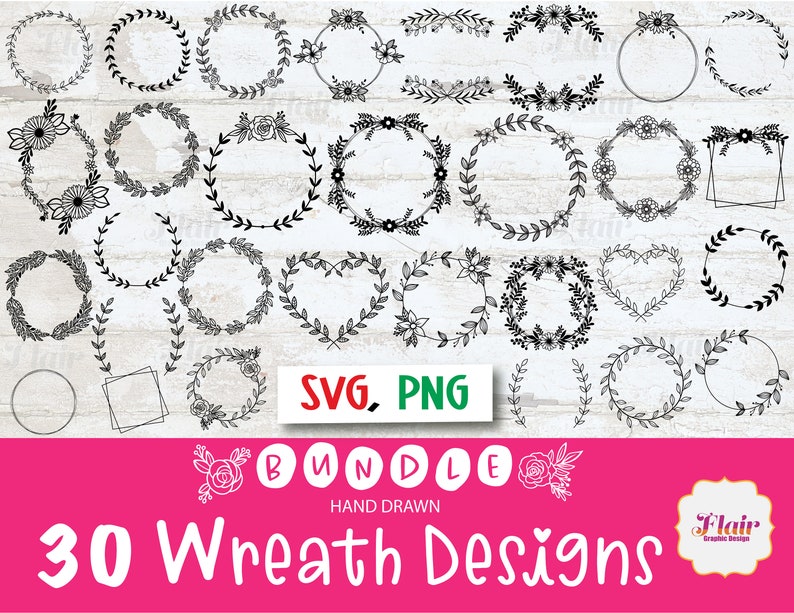 K&ouml;nnte beinhalten: Ein Set mit 30 handgezeichneten Kranzdesigns in Schwarzwei&szlig;. Die Kr&auml;nze haben verschiedene Formen, darunter Kreise, Herzen und Quadrate. Die Designs sind perfekt, um jedem Projekt einen Hauch von Eleganz zu verleihen.