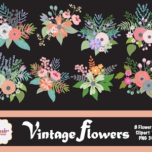 Hand Drawn Vintage Flowers Clipart, Floral Pattern, Antique Flowers, Spring Bouquets, Pastel Colored Flowers