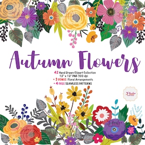Herfstbloemen Handgetekende digitale clipartcollectie met gratis naadloze patronen, bloemstukken, herfst, bruiloft, vintage bloemen