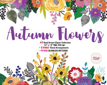 Collezione di clipart digitali disegnati a mano di fiori autunnali con modelli senza cuciture gratuiti, composizioni floreali, autunno, matrimonio, fiori vintage