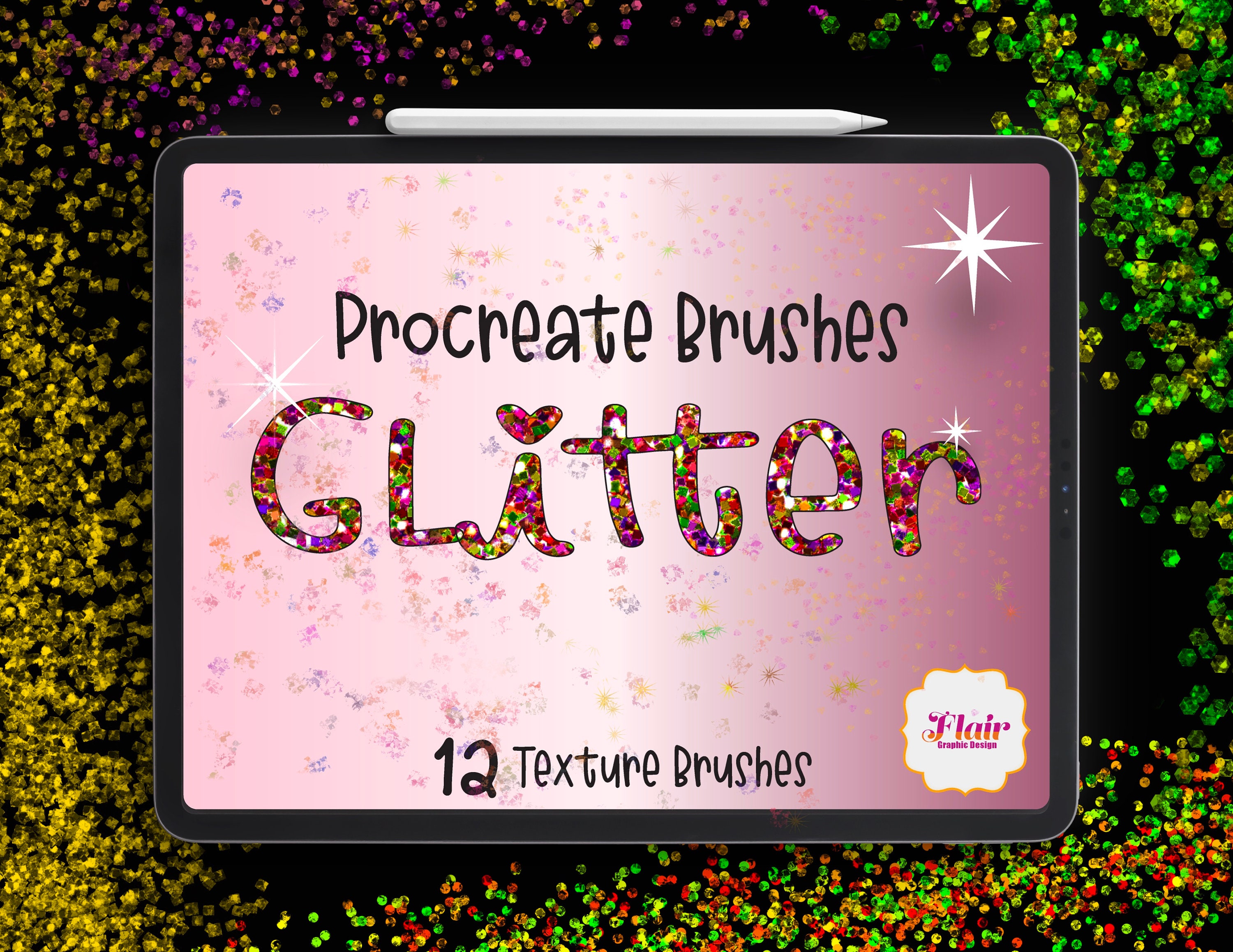 Pinceles de Procreate con purpurina – Sellos de textura brillante, confeti reluciente y destellos arcoíris para iPad