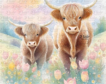 Cute Highland Cows in Watercolor Digital Clipart Series 2, 14 High Quality JPGs, Spring Wall Art,, Mugs, Canvas, Wallpaper, Postcard, Bags