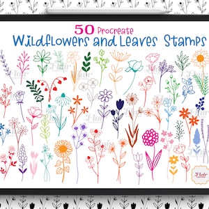 Pinceaux à procréer fleurs et feuilles, pinceaux à procréer floraux, tampons botaniques Doodle, tampons numériques floraux Doodle pour procréer