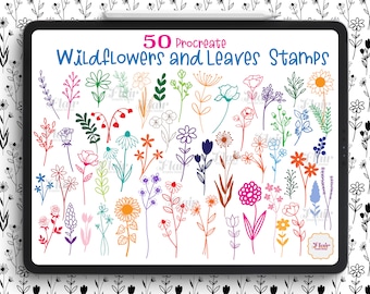 Wildblumen und Blätter Procreate Pinsel, Floral Procreate Pinsel, Doodle Botanische Stempel, Doodle Floral Digitale Stempel für Procreate