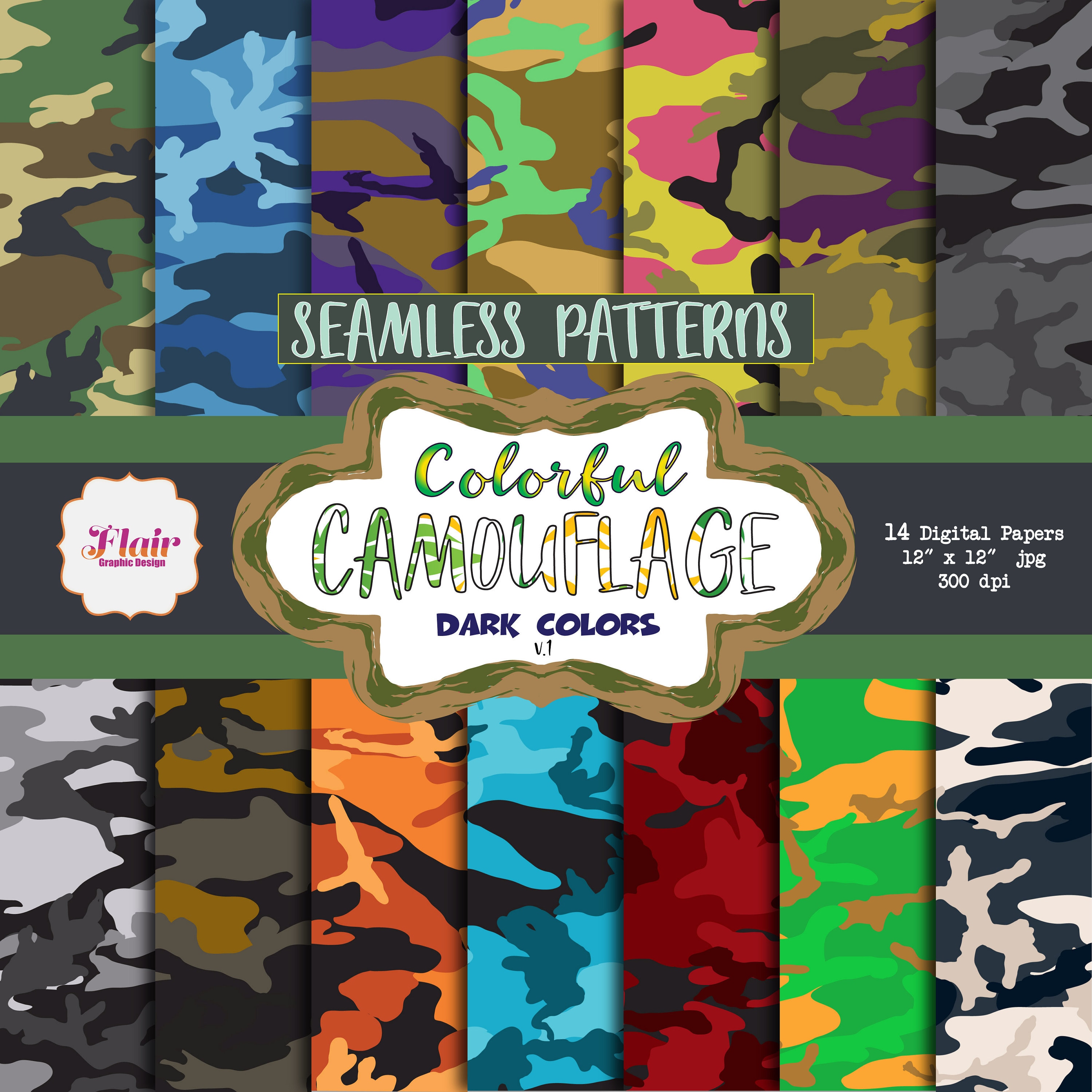 Colorful Camouflage Seamless Patterns in Dark Colors, Army Colorful Camouflage Seamless Patterns in Dark Colors, Army