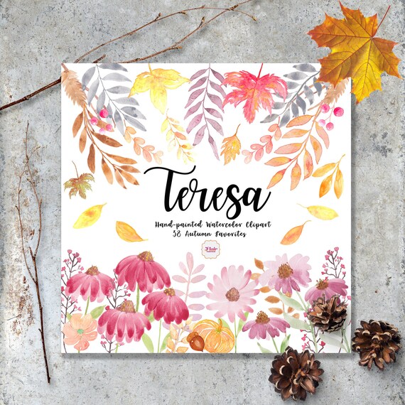 Watercolor Flowers Clipart, Hand Painted Flowers, Fall Clipart, Autumn Elements,  DIY Clipart, Separate Elements, Greeting Cards, PNG Files