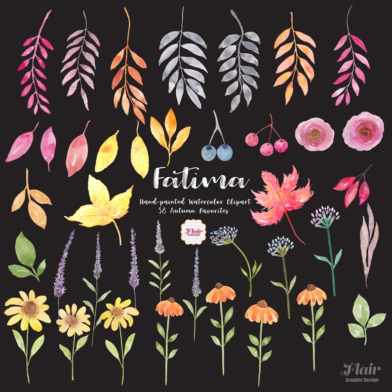 Pu&ograve; includere: Un set di 58 immagini clipart ad acquerello dipinte a mano che presentano foglie autunnali, fiori e bacche in vari colori. Il clipart &egrave; intitolato "Fatima Clipart ad Acquerello Dipinto a Mano 58 Preferiti Autunnali".